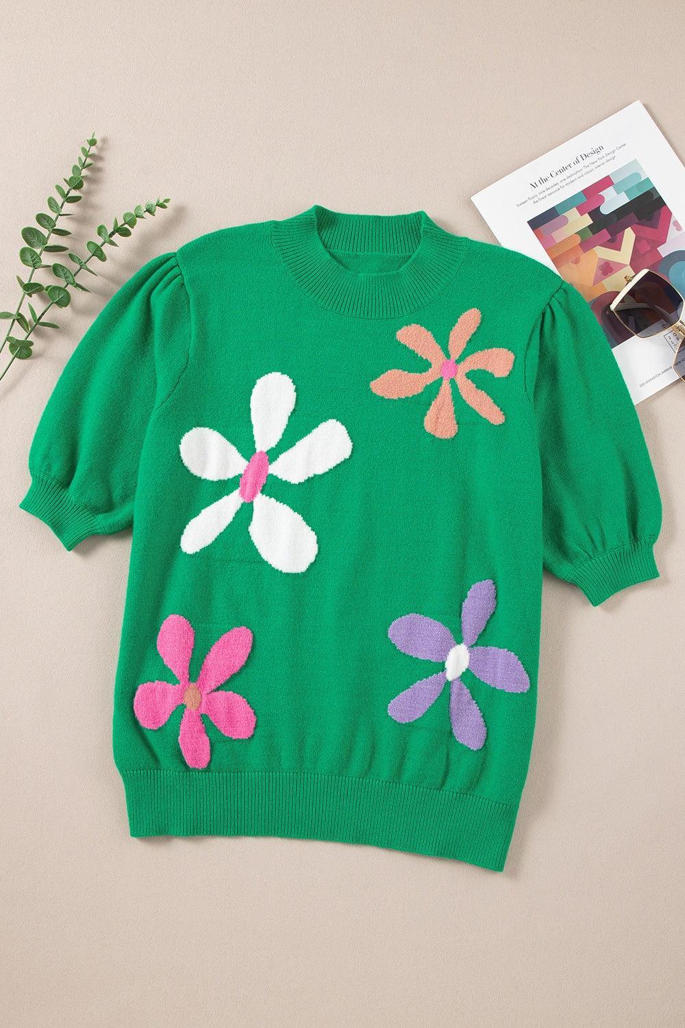 Suéter de manga corta con cuello alto y flores