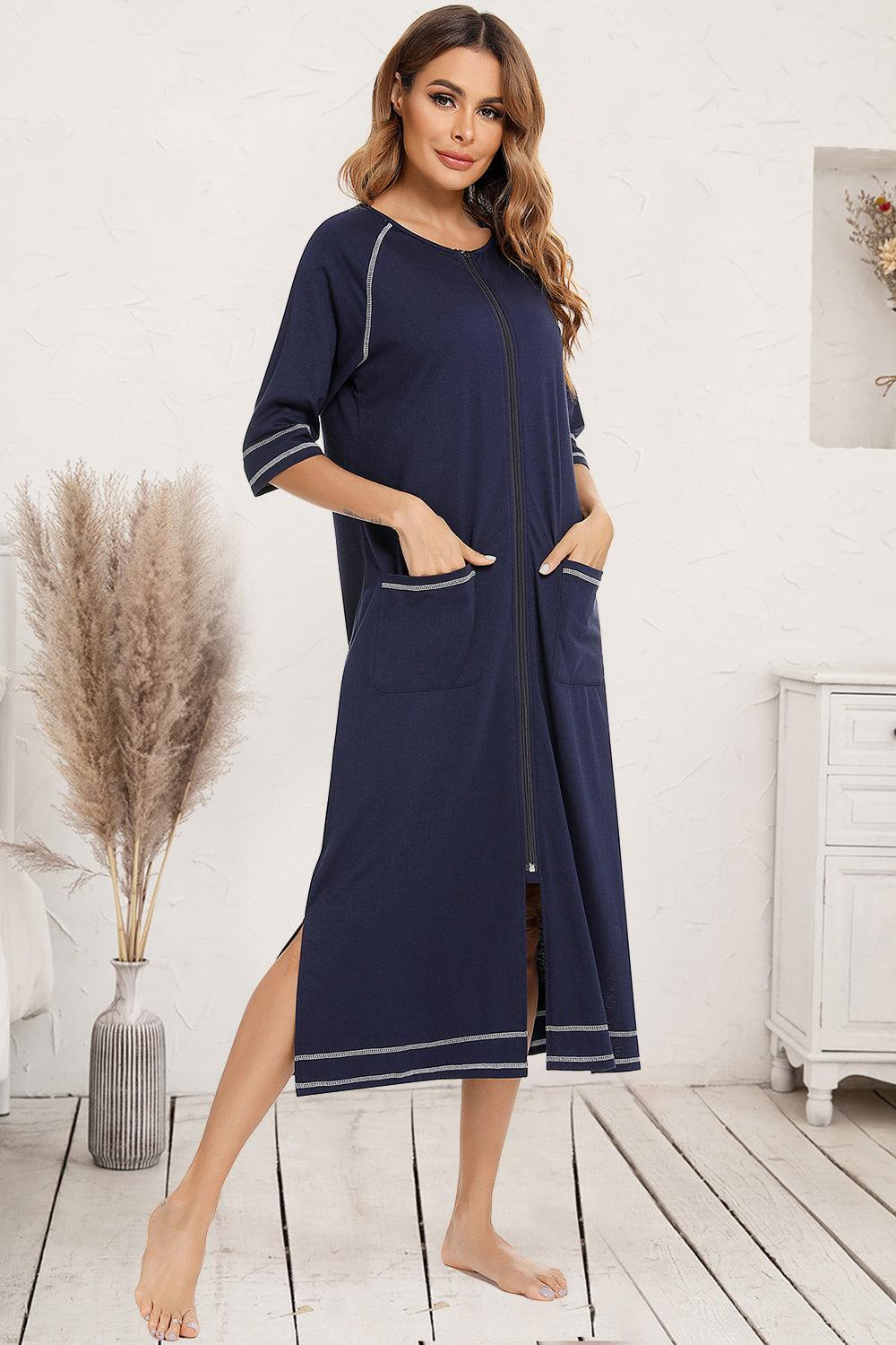 Camisón de cuello redondo con abertura y cremallera y bolsillos