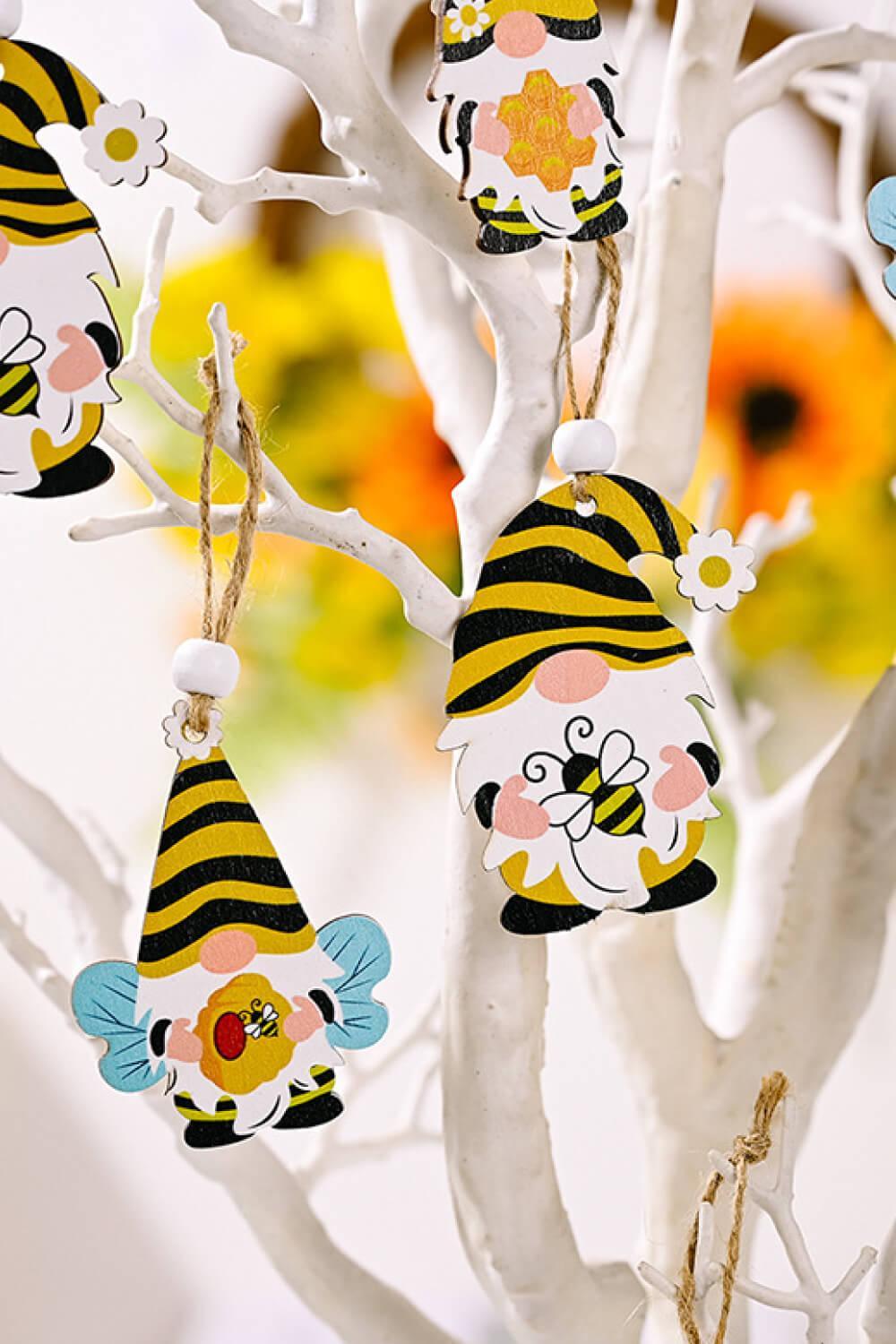 Paquete de 3 adornos de gnomos de madera con forma de abeja