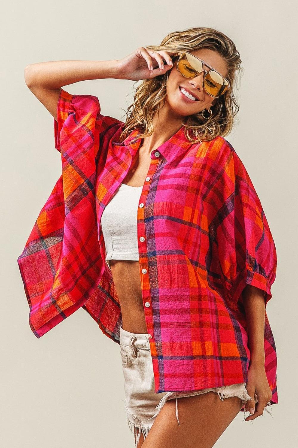 Camisa a cuadros con mangas dolman y botones BiBi