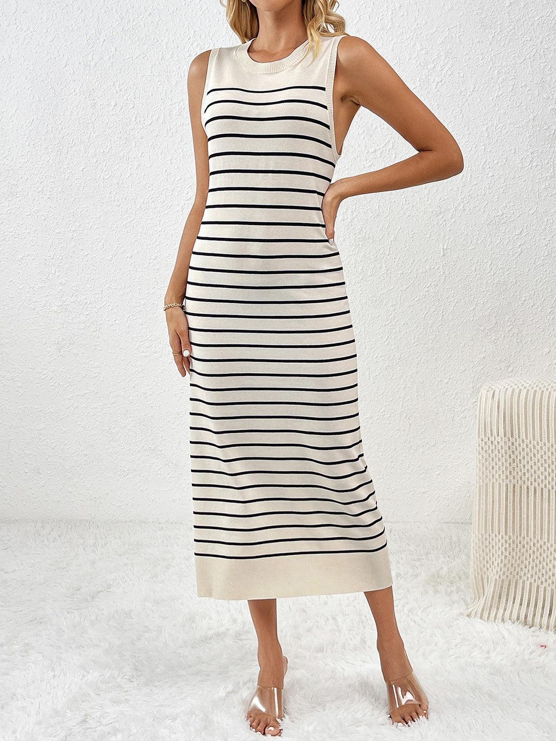 Vestido de punto midi con cuello redondo y mangas