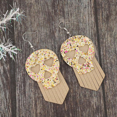 Pendientes colgantes de cuero sintético con calavera y lentejuelas