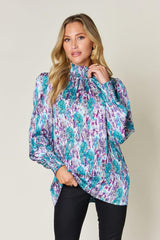 Blusa de manga larga fruncida con estampado de tamaño completo de Double Take