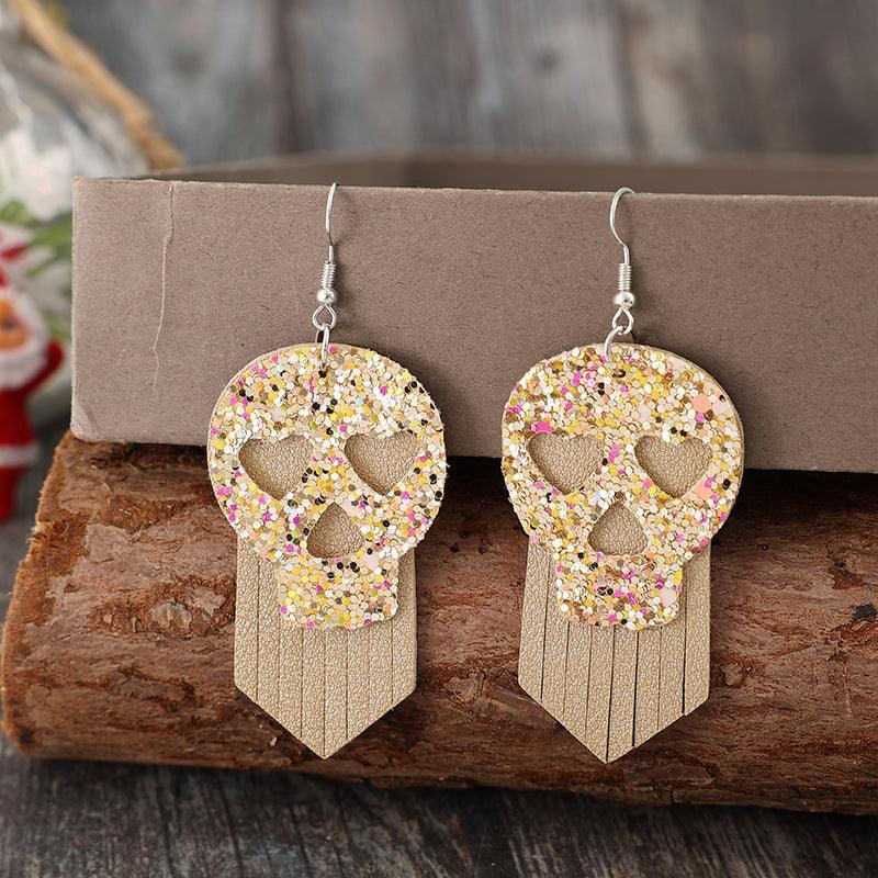 Pendientes colgantes de cuero sintético con calavera y lentejuelas