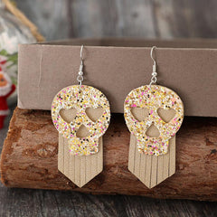 Pendientes colgantes de cuero sintético con calavera y lentejuelas