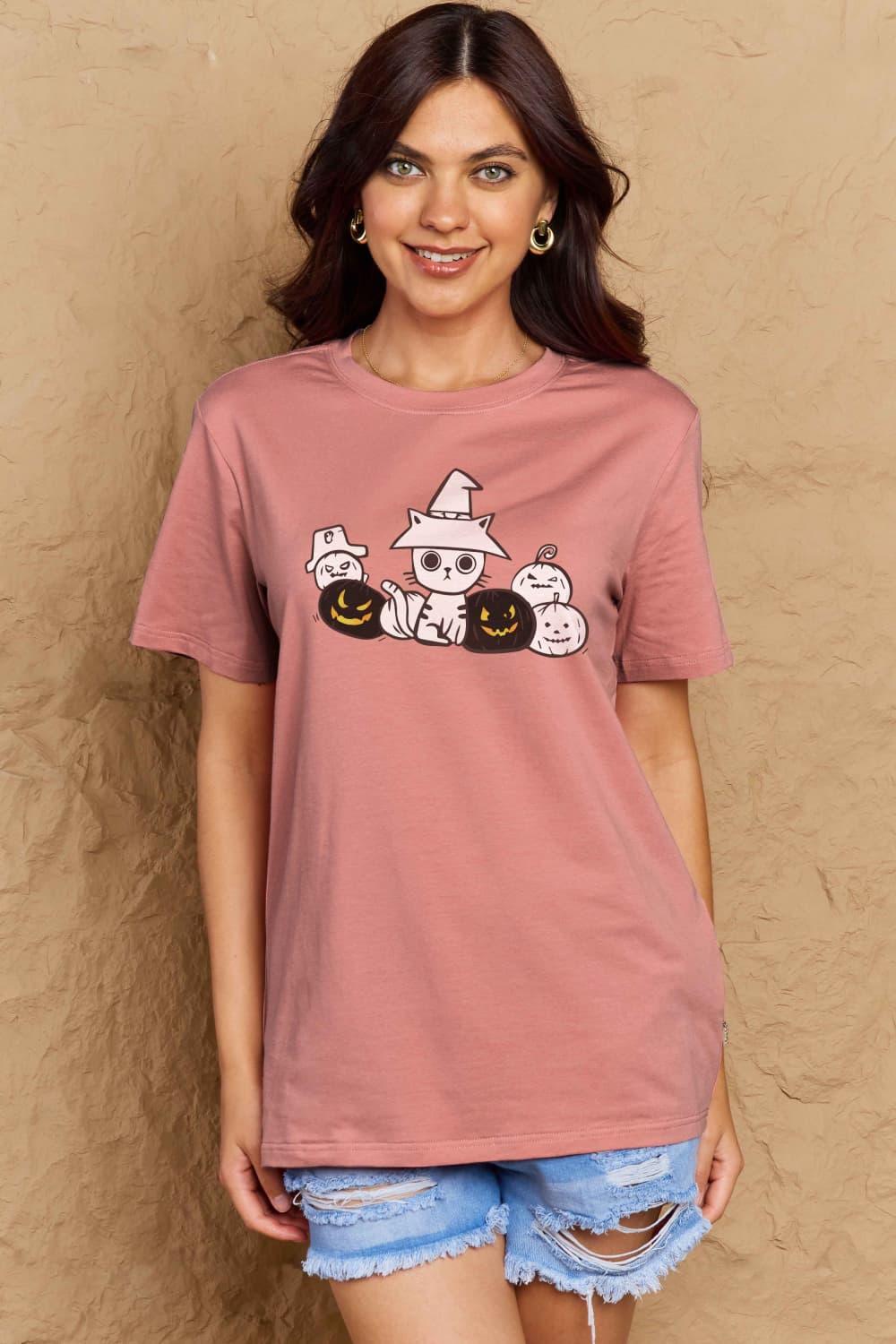 Camiseta de algodón con gráfico de gato y calabaza de tamaño completo Simply Love