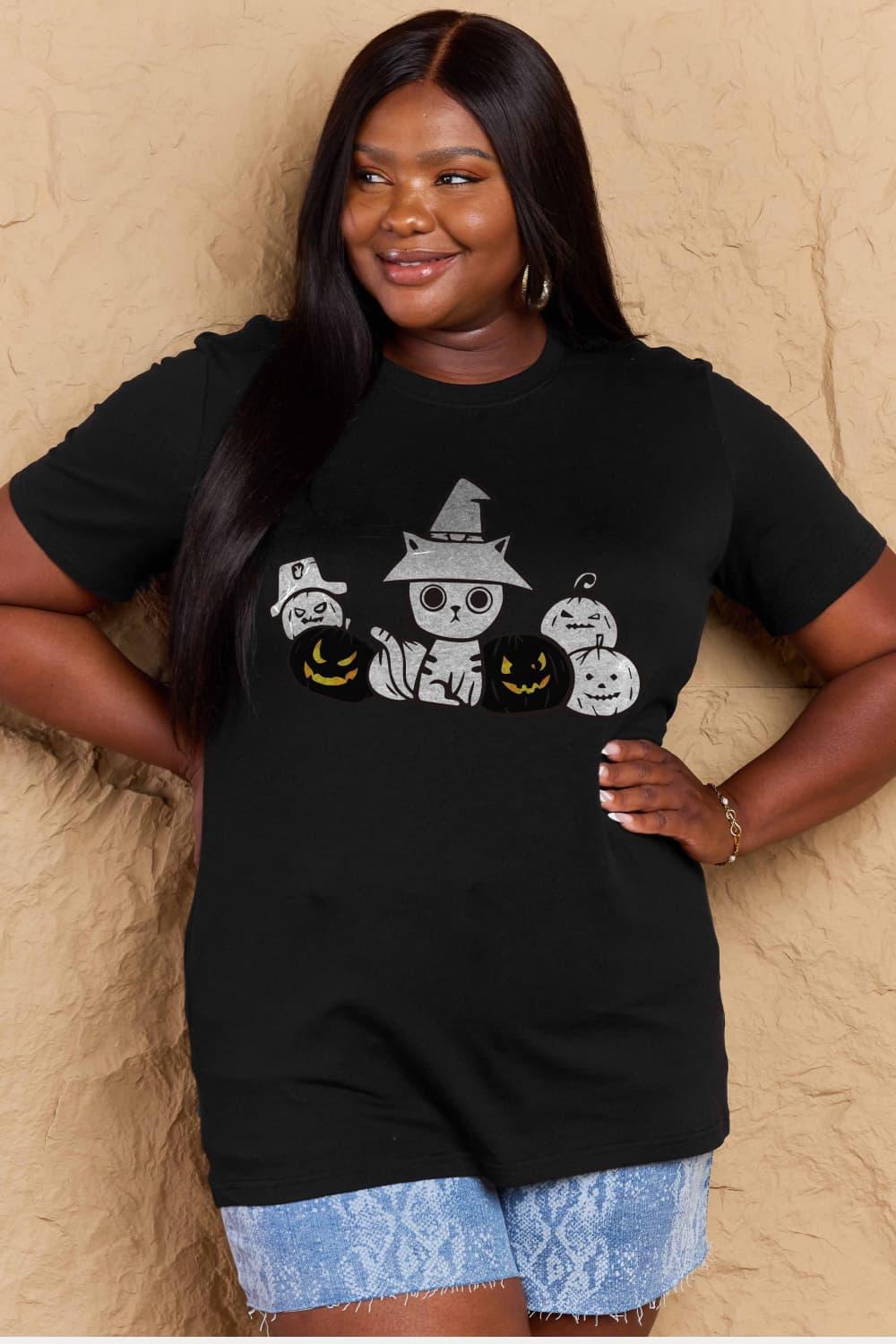 Camiseta de algodón con gráfico de gato y calabaza de tamaño completo Simply Love