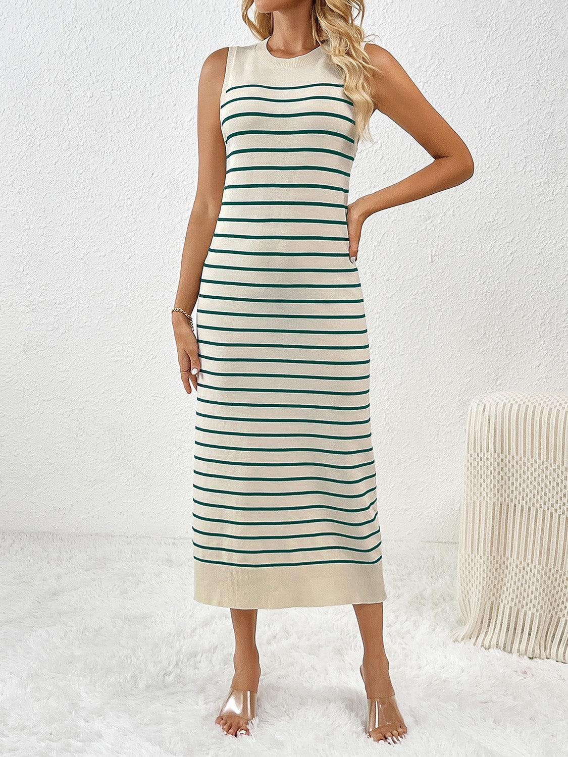 Vestido de punto midi con cuello redondo y mangas