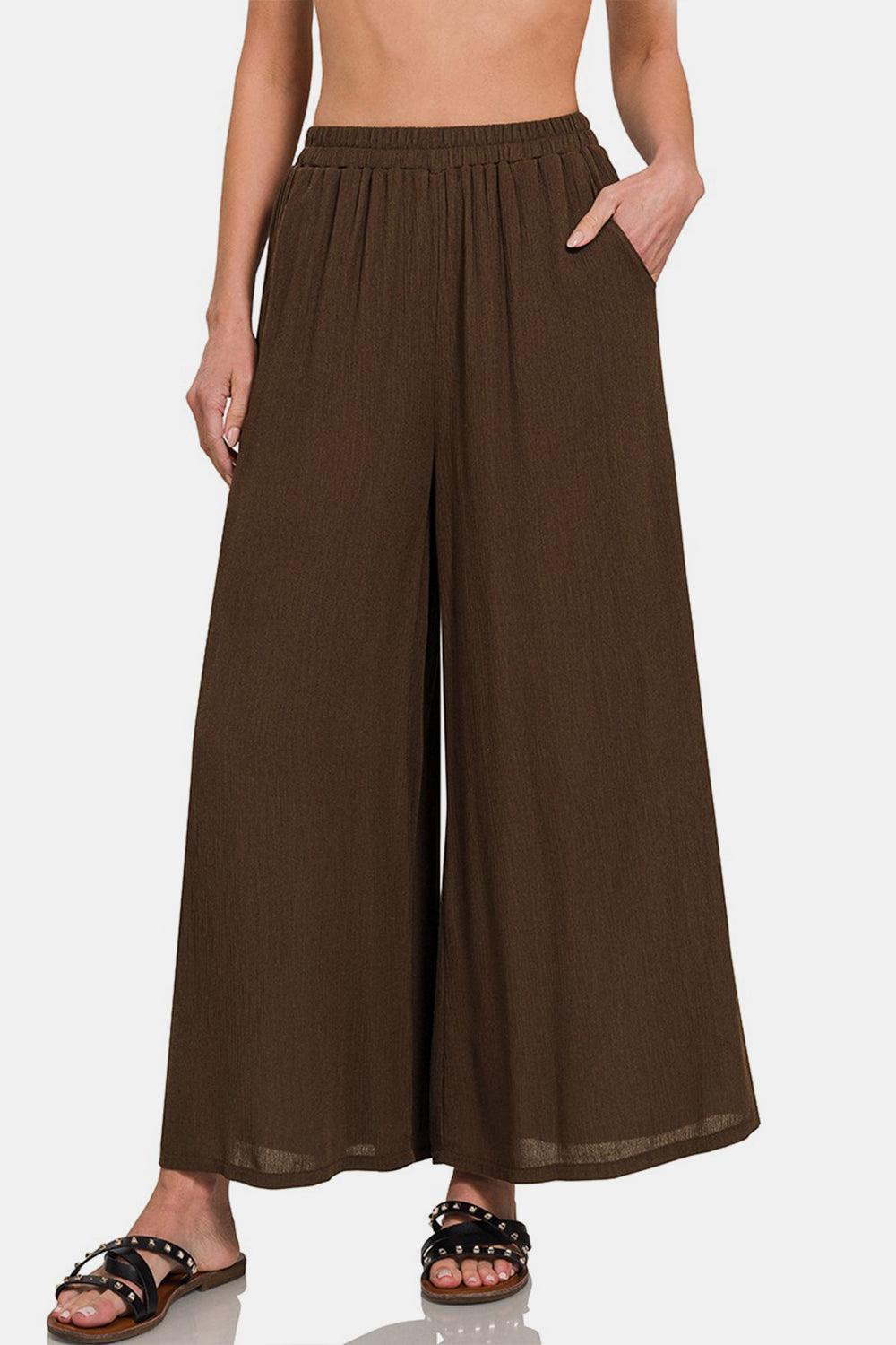 Pantalones de pierna ancha con bolsillos y tejido Zenana