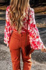 Body con escote en V y botones y mangas acampanadas con estampado floral