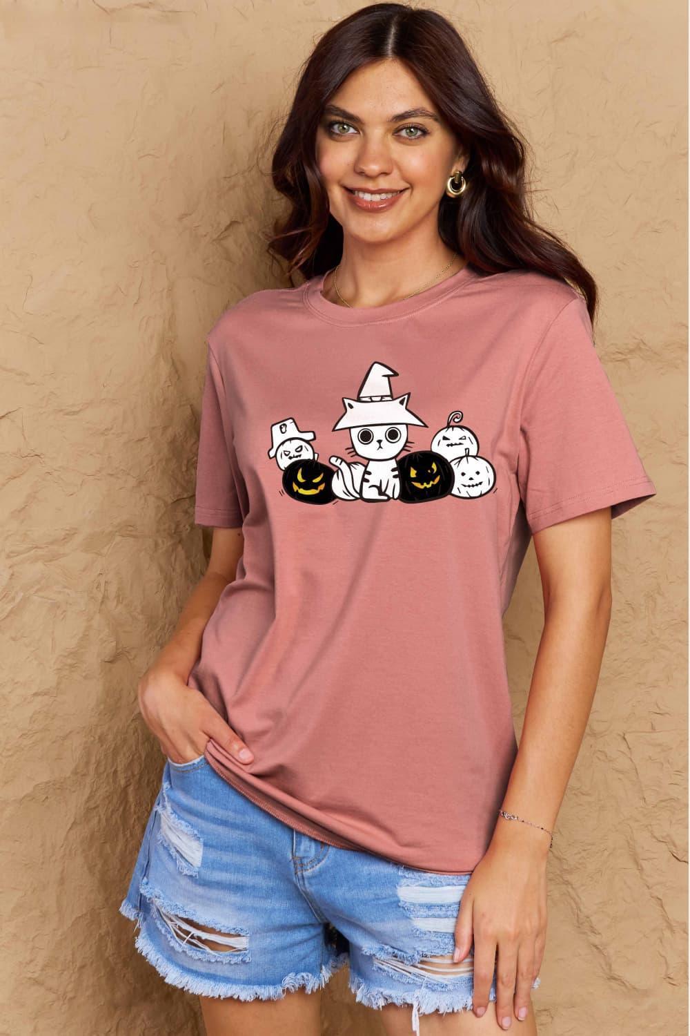 Camiseta de algodón con gráfico de gato y calabaza de tamaño completo Simply Love
