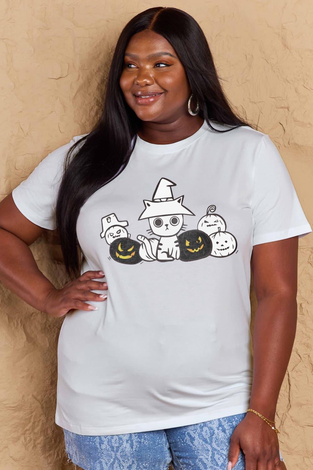 Camiseta de algodón con gráfico de gato y calabaza de tamaño completo Simply Love
