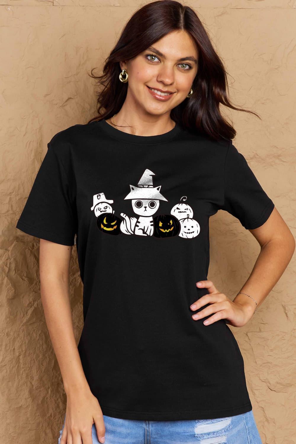 Camiseta de algodón con gráfico de gato y calabaza de tamaño completo Simply Love