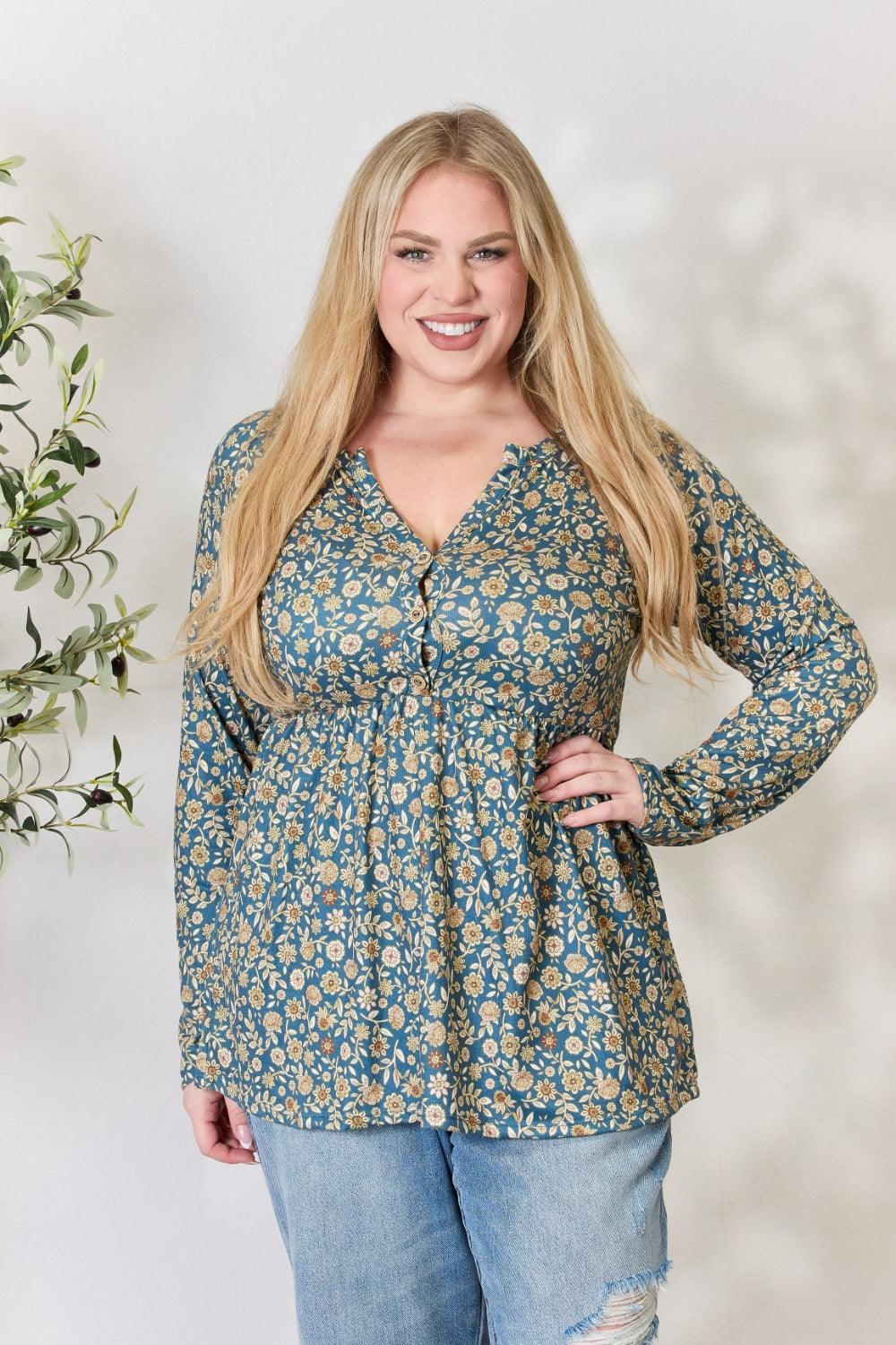 Blusa de manga larga con botones y estampado floral de tamaño completo de Heimish