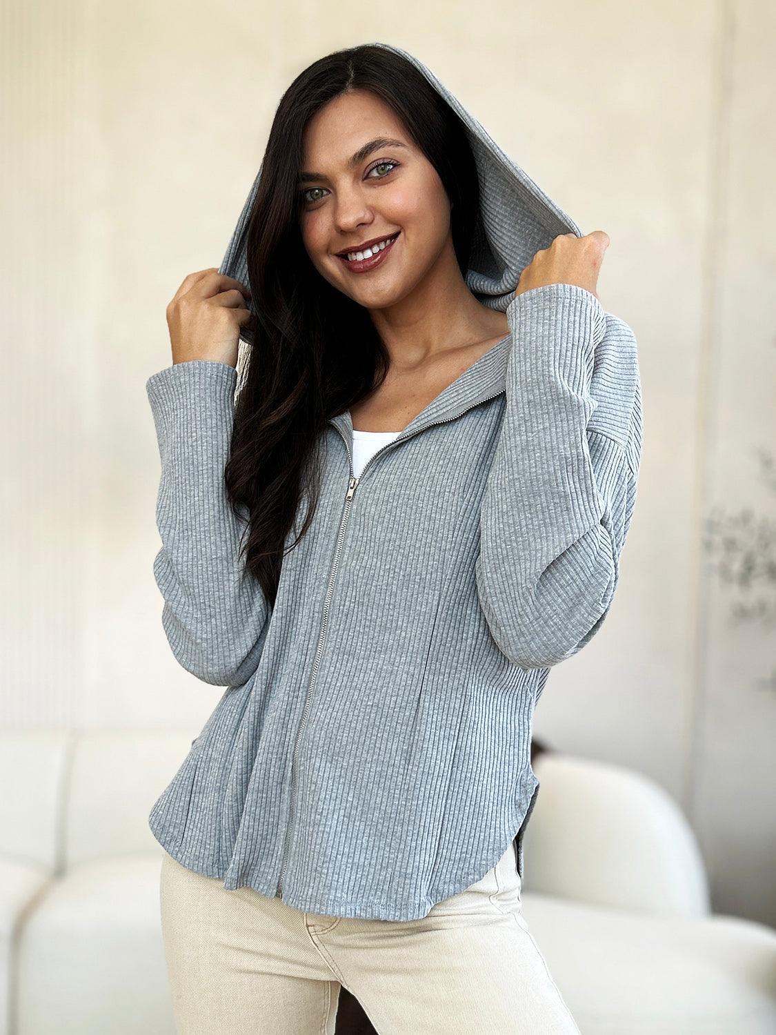 Culture Code Chaqueta con capucha y cordón de canalé con cremallera y tamaño completo