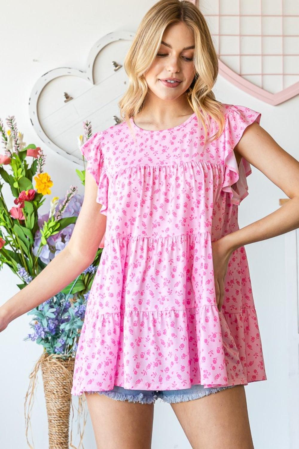 Blusa con volantes y flores de tamaño completo de Heimish
