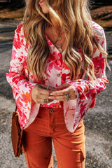 Body con escote en V y botones y mangas acampanadas con estampado floral