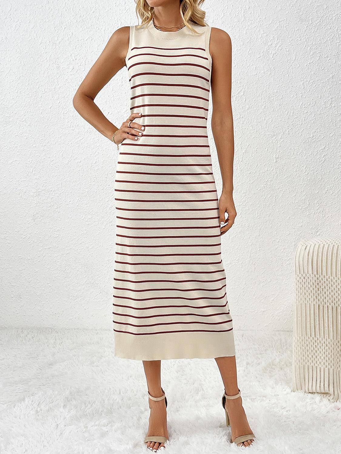 Vestido de punto midi con cuello redondo y mangas