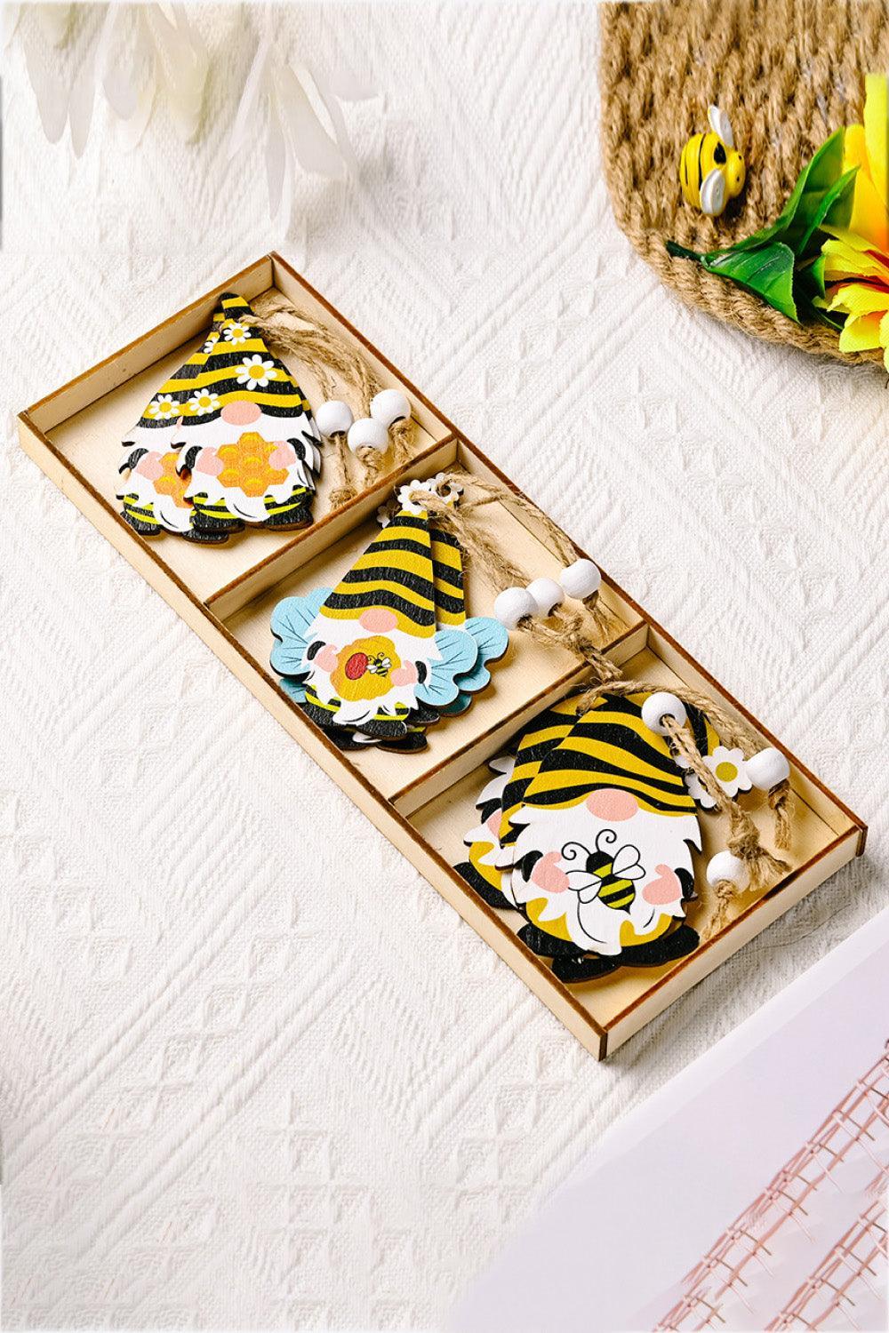 Paquete de 3 adornos de gnomos de madera con forma de abeja