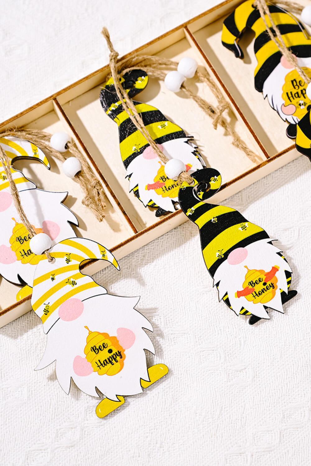 Paquete de 3 adornos de gnomos de madera con forma de abeja