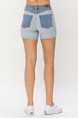 Pantalones cortos de mezclilla con bloques de color de tamaño completo en azul Judy