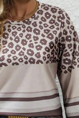 Blusa de manga larga con cuello redondo y estampado de leopardo en talla grande