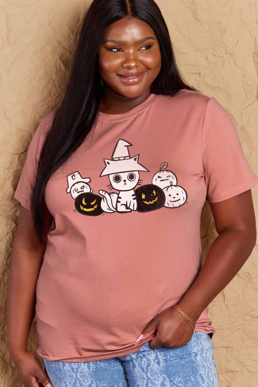 Camiseta de algodón con gráfico de gato y calabaza de tamaño completo Simply Love
