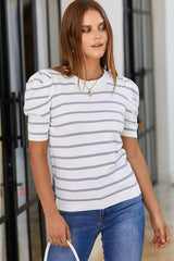 Blusa de punto con cuello redondo y mangas abullonadas a rayas