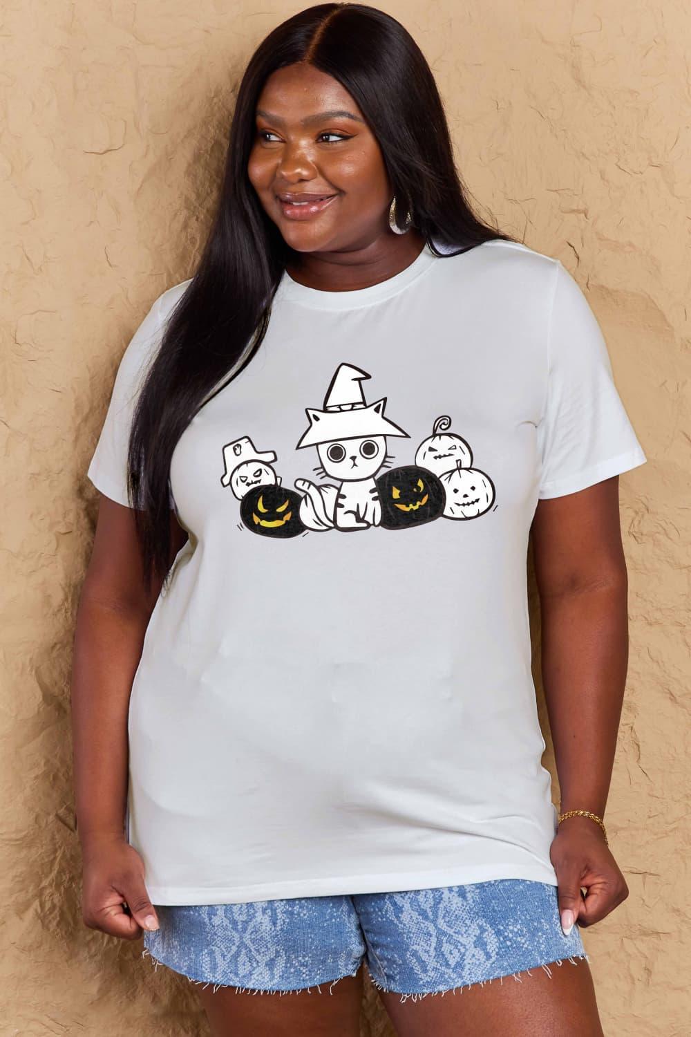Camiseta de algodón con gráfico de gato y calabaza de tamaño completo Simply Love