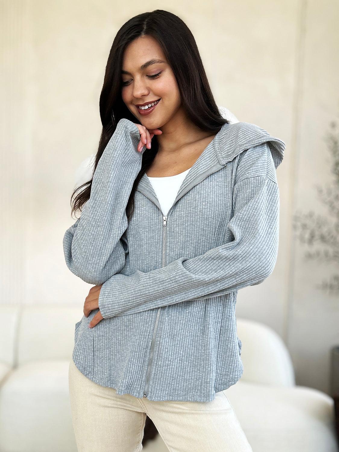 Culture Code Chaqueta con capucha y cordón de canalé con cremallera y tamaño completo