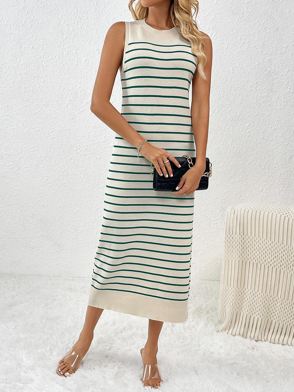 Vestido de punto midi con cuello redondo y mangas