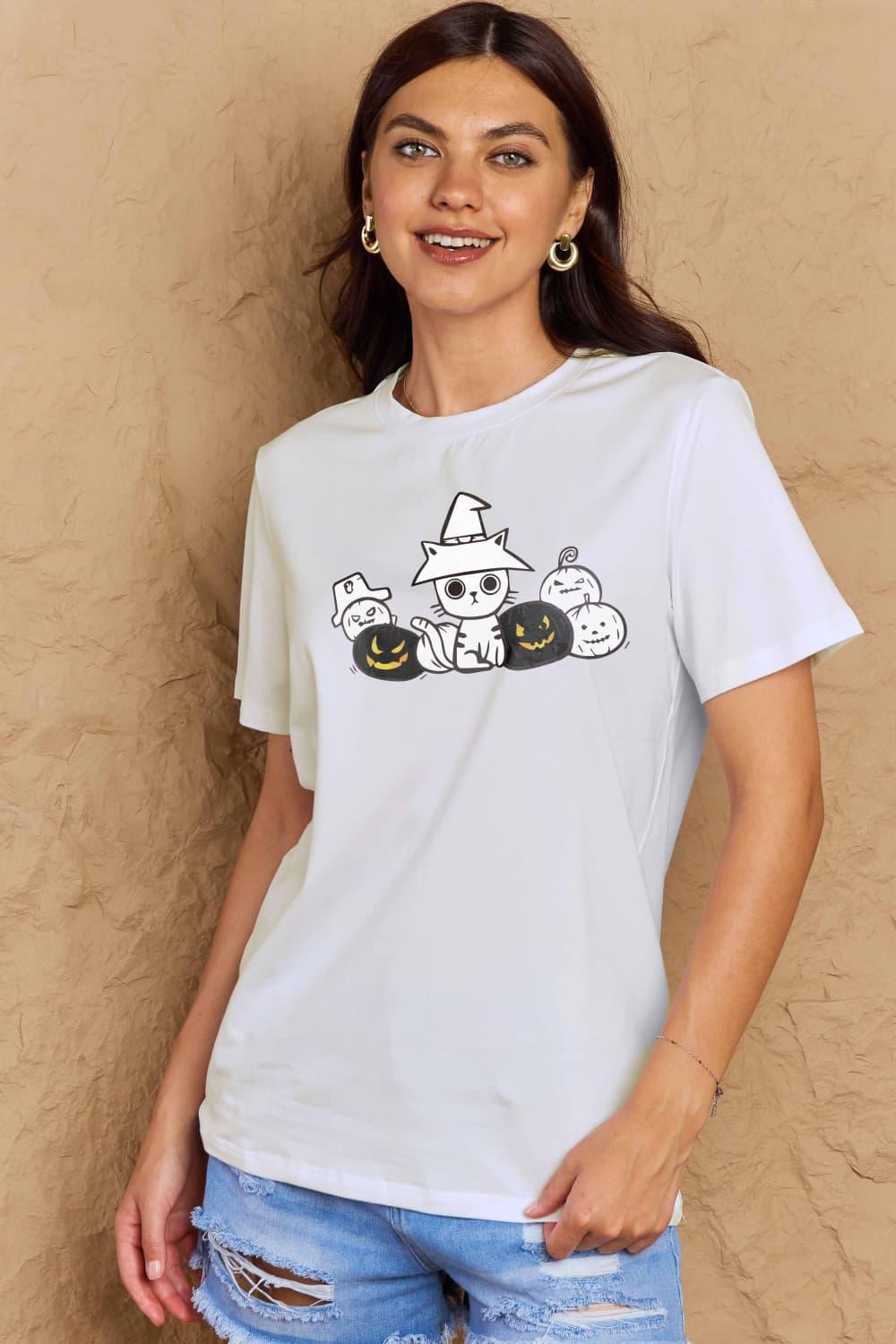 Camiseta de algodón con gráfico de gato y calabaza de tamaño completo Simply Love