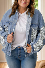 Chaqueta vaquera de manga larga con estampado de leopardo en talla grande