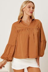 Balloon Sleeve Collared Neck Blouse - Admiresty