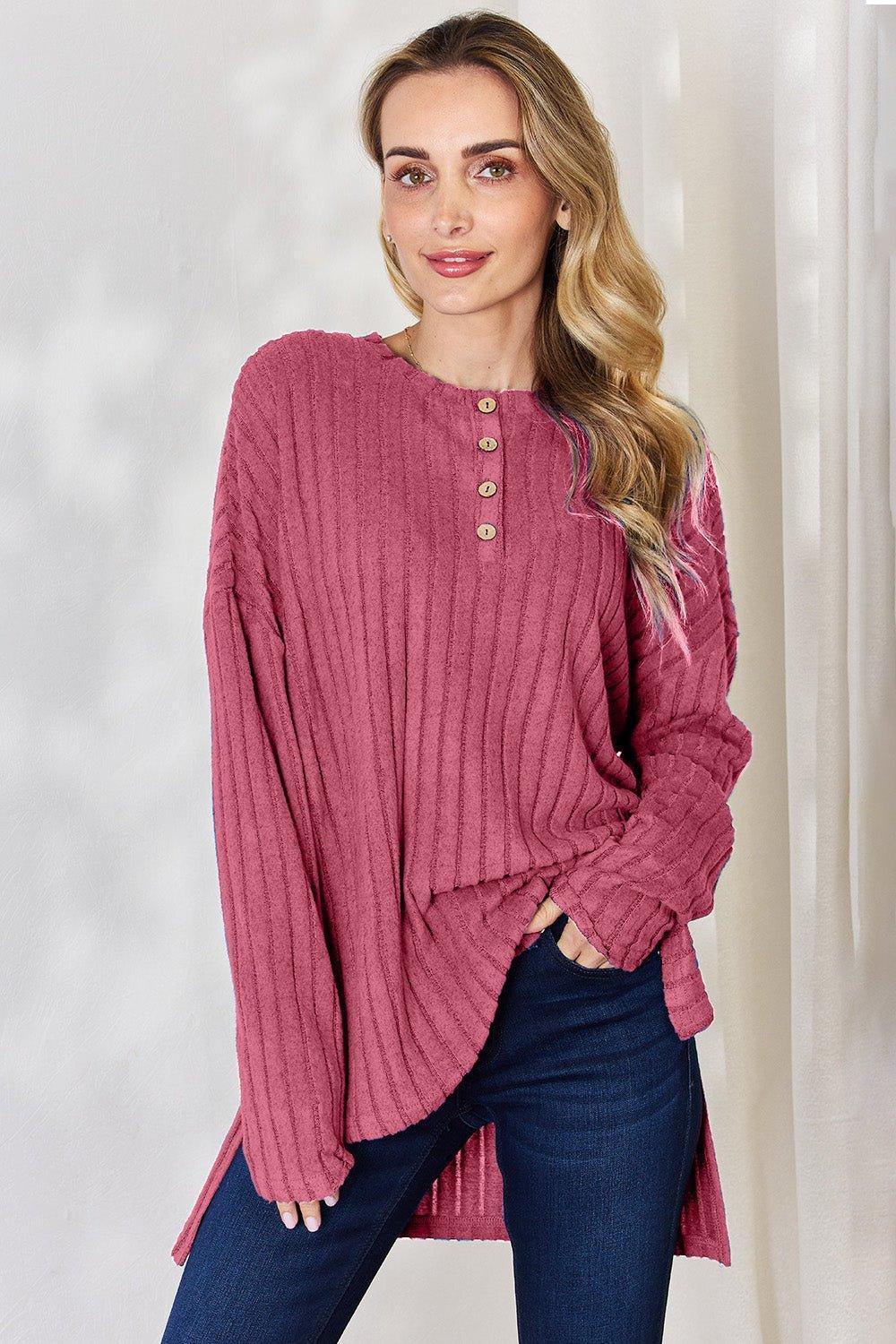 Basic Bae Full Size Ribbed Half Button Long Sleeve High - Low T - Shirt - Admiresty