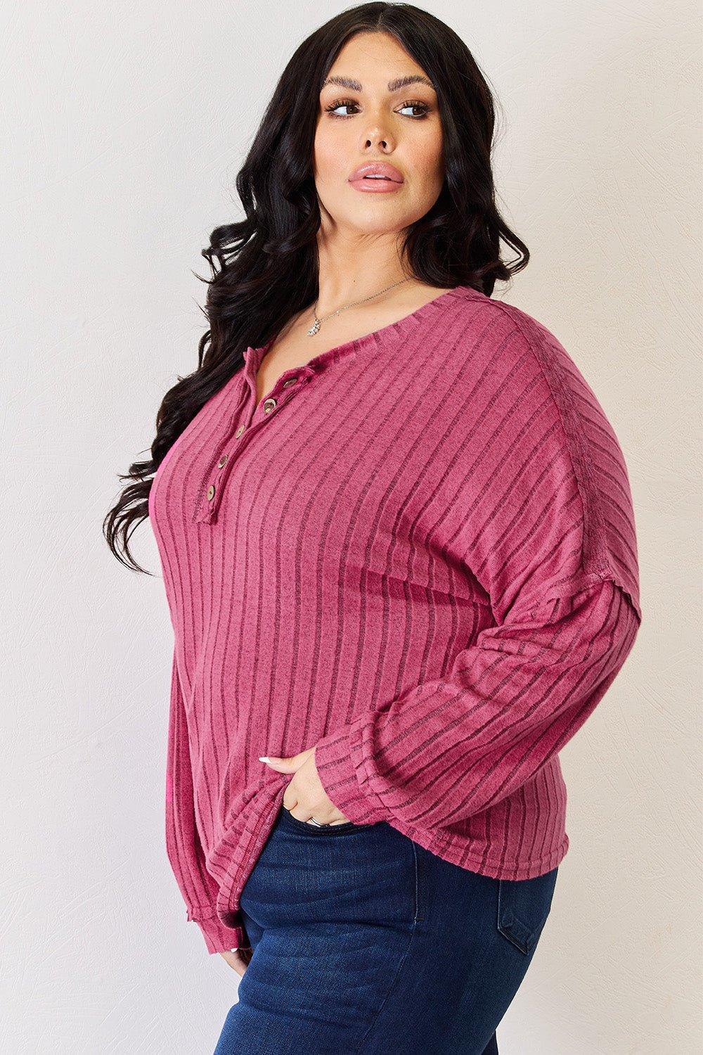 Basic Bae Full Size Ribbed Half Button Long Sleeve High - Low T - Shirt - Admiresty
