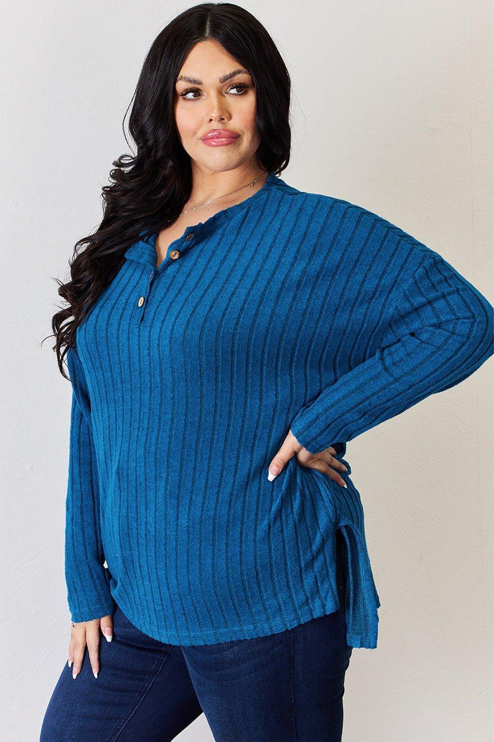 Basic Bae Full Size Ribbed Half Button Long Sleeve High - Low T - Shirt - Admiresty
