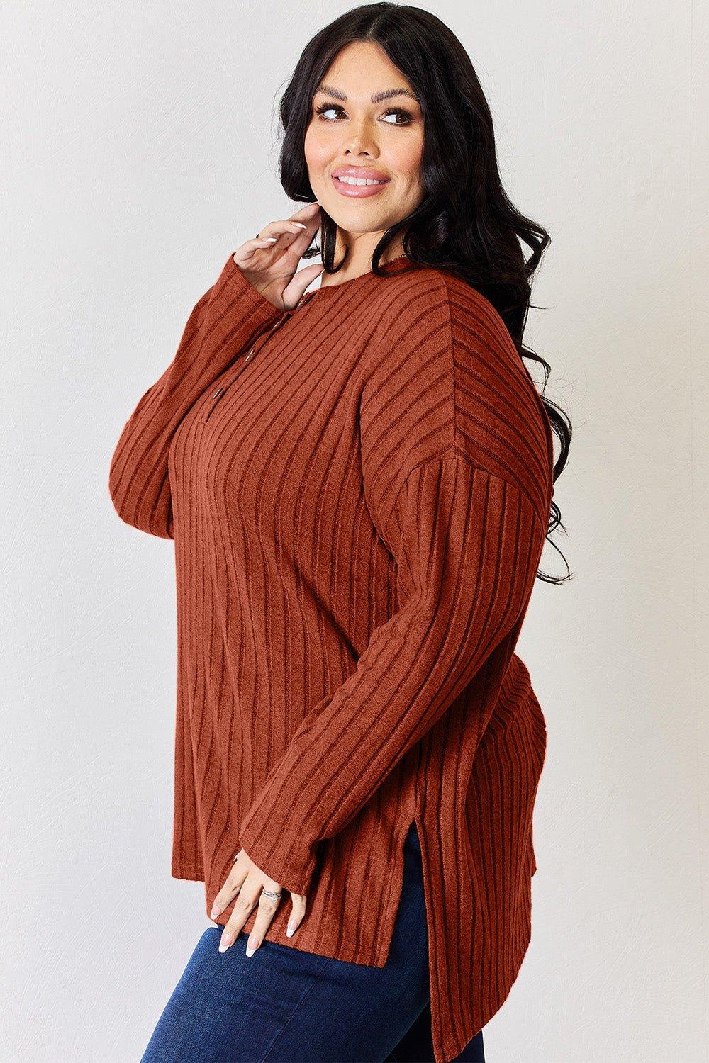 Basic Bae Full Size Ribbed Half Button Long Sleeve High - Low T - Shirt - Admiresty