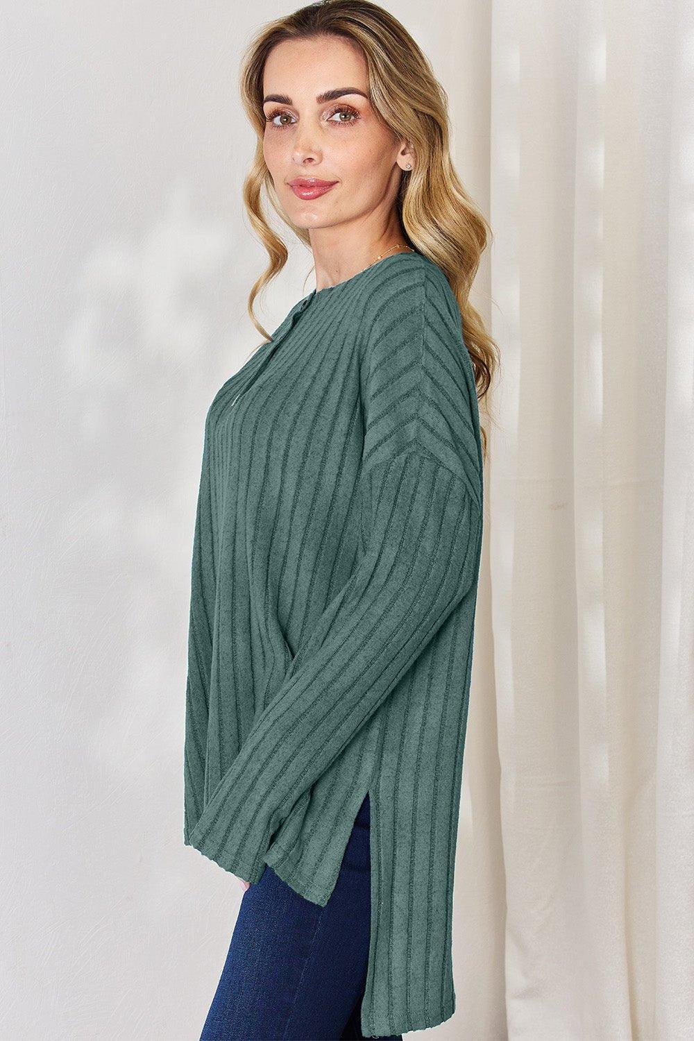 Basic Bae Full Size Ribbed Half Button Long Sleeve High - Low T - Shirt - Admiresty