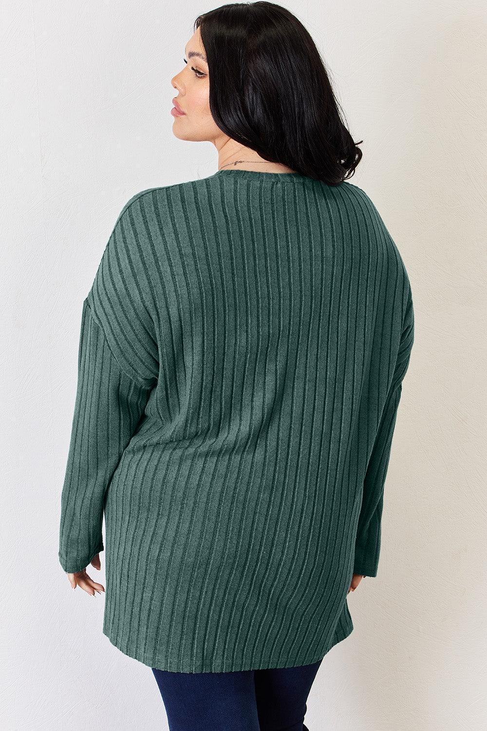 Basic Bae Full Size Ribbed Half Button Long Sleeve High - Low T - Shirt - Admiresty