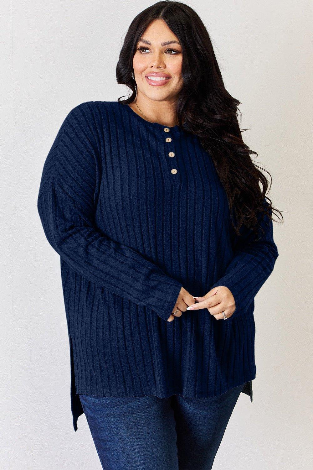 Basic Bae Full Size Ribbed Half Button Long Sleeve High - Low T - Shirt - Admiresty