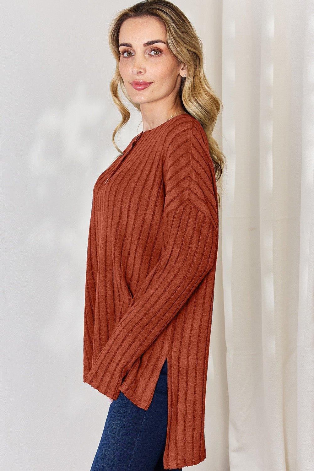 Basic Bae Full Size Ribbed Half Button Long Sleeve High - Low T - Shirt - Admiresty
