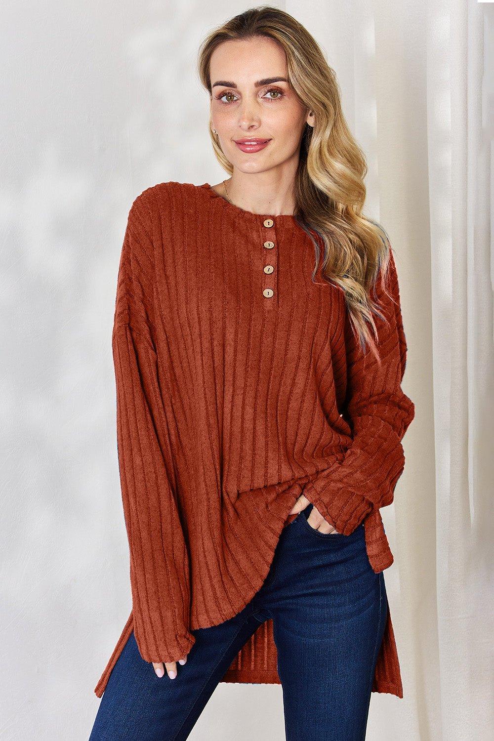 Basic Bae Full Size Ribbed Half Button Long Sleeve High - Low T - Shirt - Admiresty