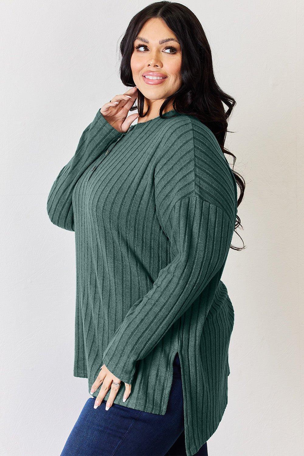 Basic Bae Full Size Ribbed Half Button Long Sleeve High - Low T - Shirt - Admiresty