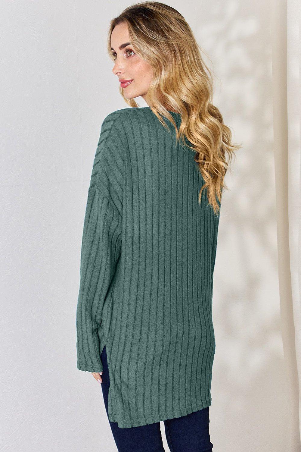 Basic Bae Full Size Ribbed Half Button Long Sleeve High - Low T - Shirt - Admiresty