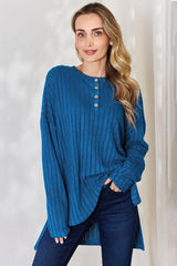 Basic Bae Full Size Ribbed Half Button Long Sleeve High - Low T - Shirt - Admiresty
