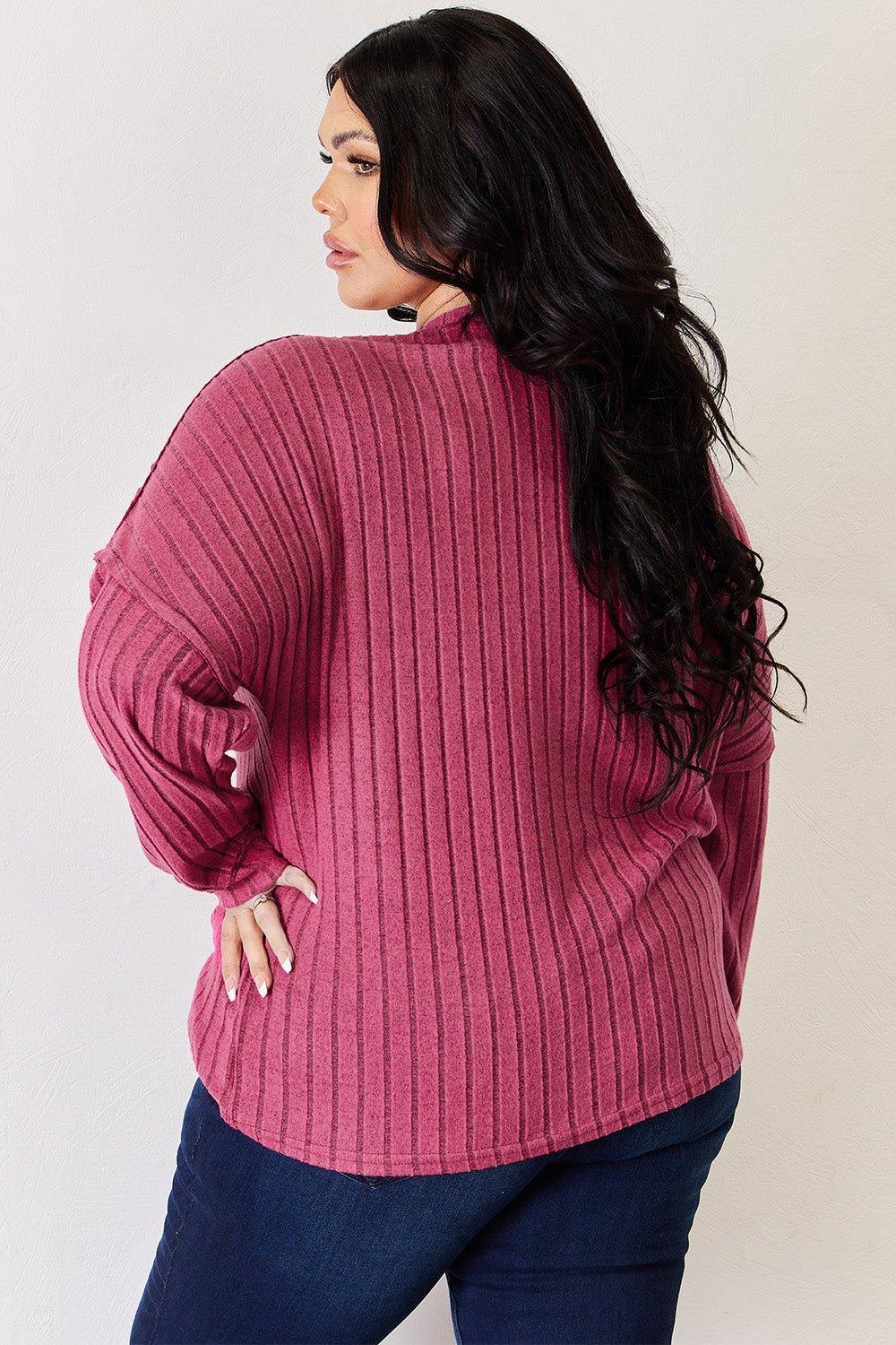 Basic Bae Full Size Ribbed Half Button Long Sleeve High - Low T - Shirt - Admiresty