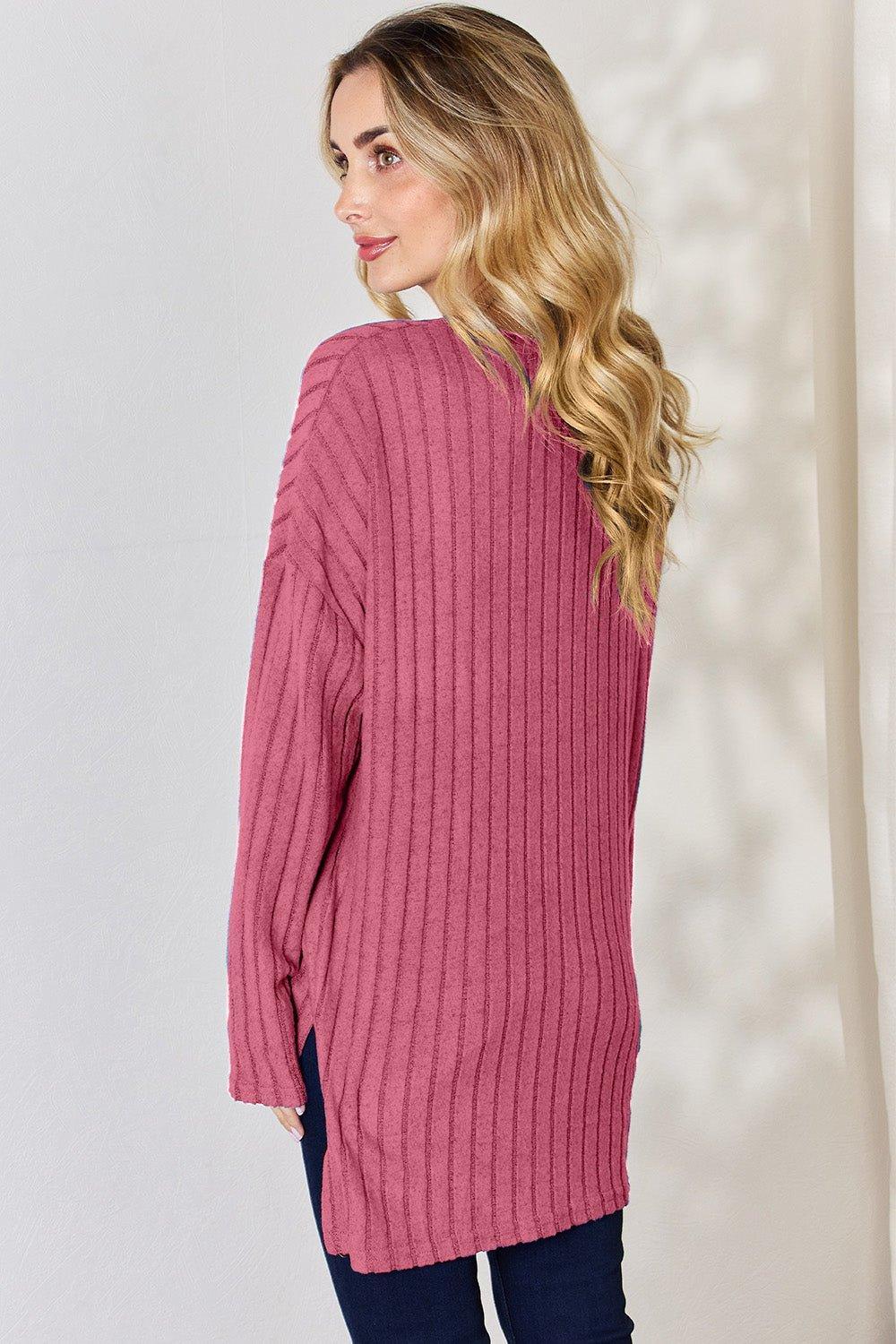 Basic Bae Full Size Ribbed Half Button Long Sleeve High - Low T - Shirt - Admiresty