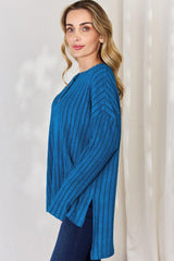 Basic Bae Full Size Ribbed Half Button Long Sleeve High - Low T - Shirt - Admiresty