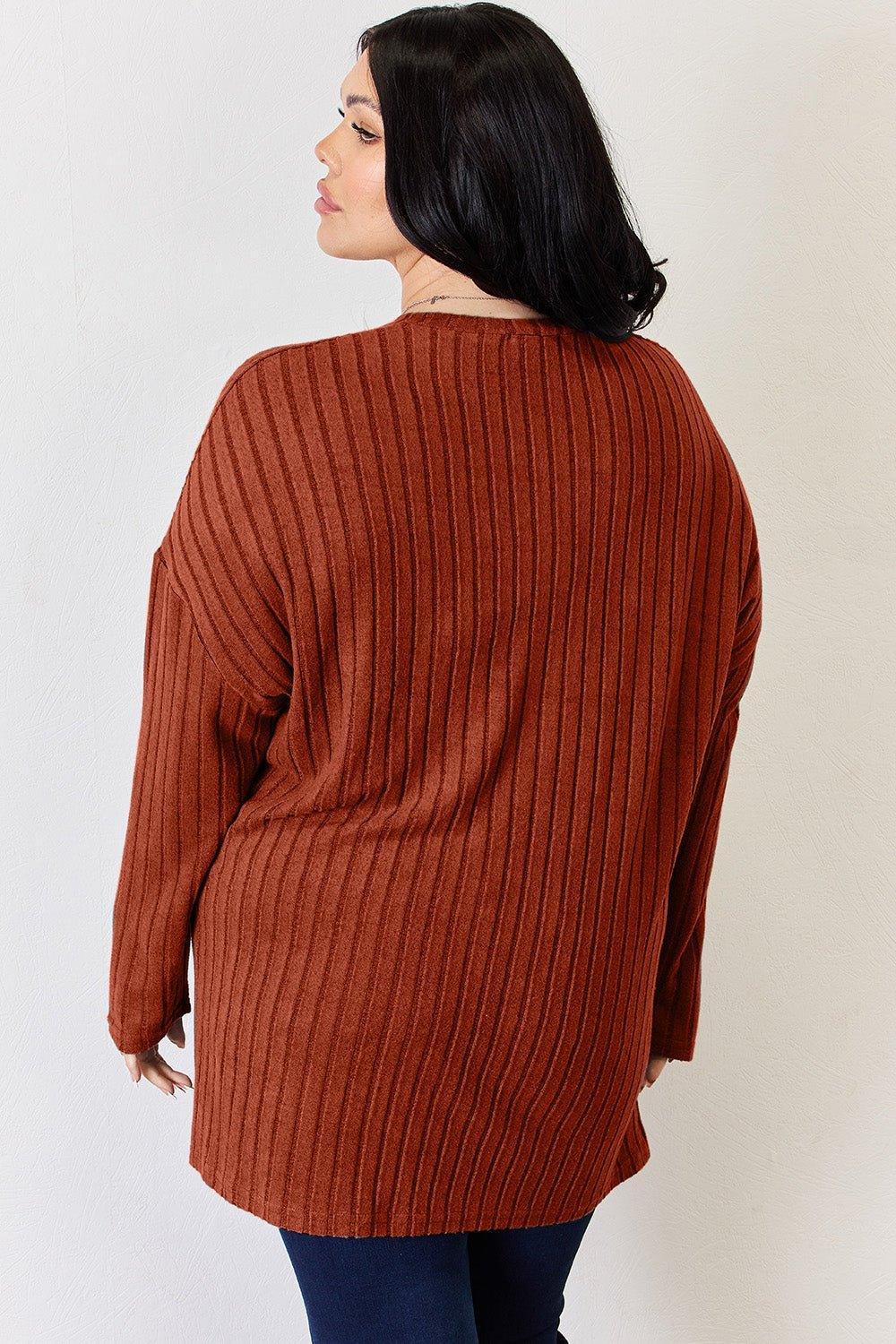 Basic Bae Full Size Ribbed Half Button Long Sleeve High - Low T - Shirt - Admiresty